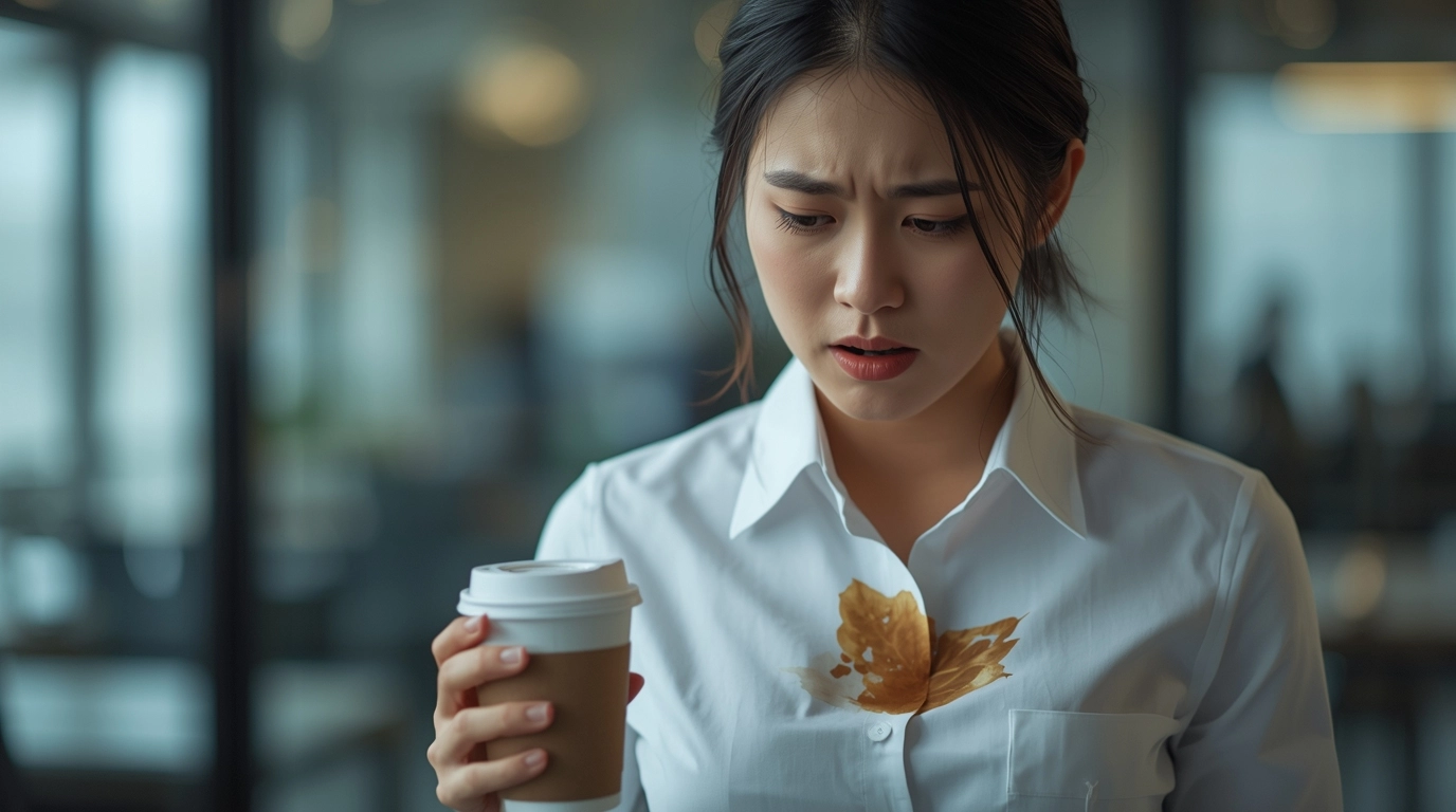 職場女性驚慌看著制服上的咖啡漬	一位穿著白色襯衫的年輕台灣女性，手拿著外帶咖啡杯，低頭看著胸口剛潑灑的咖啡漬，表情顯得焦慮驚慌，背景是模糊的辦公室。