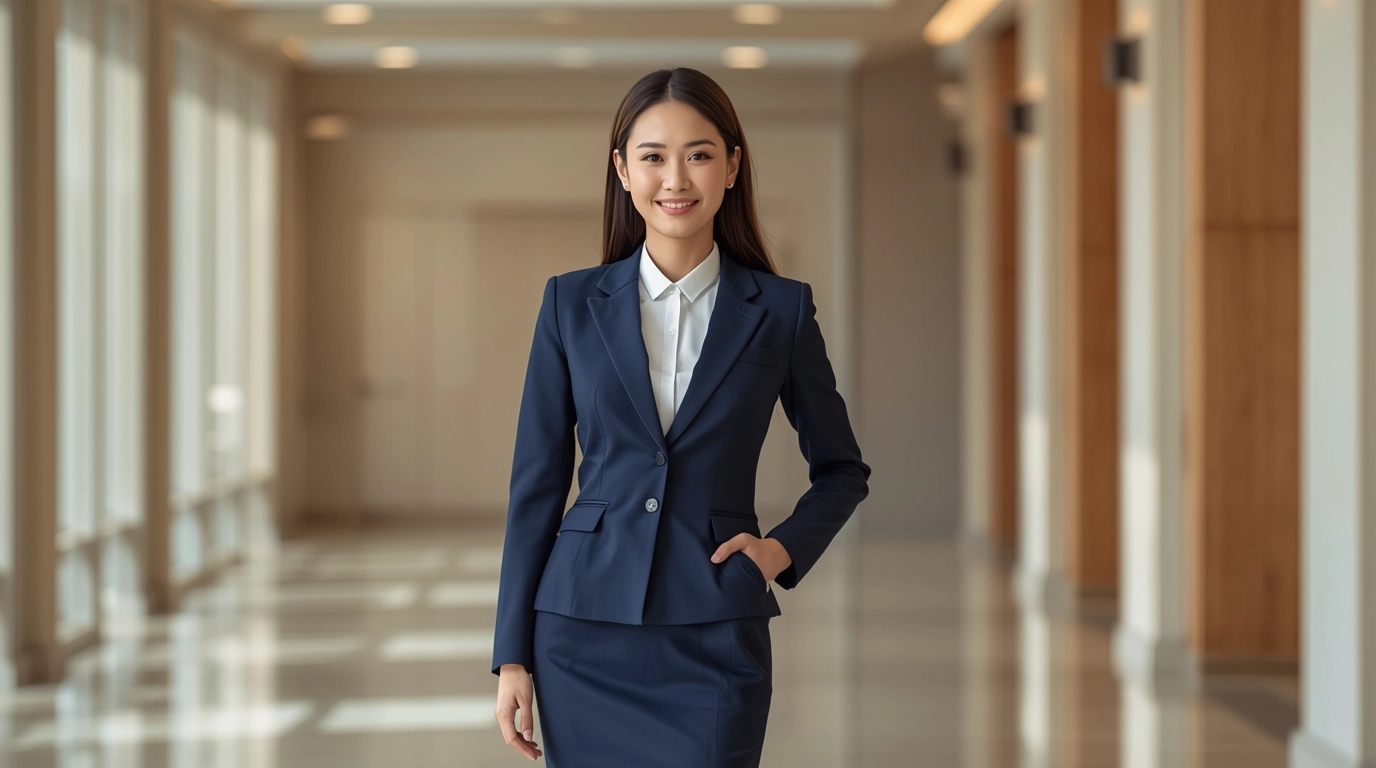 台灣女性穿著源洋制服設計的海軍藍辦公室制服,在明亮現代的辦公環境中展現企業形象與專業自信。