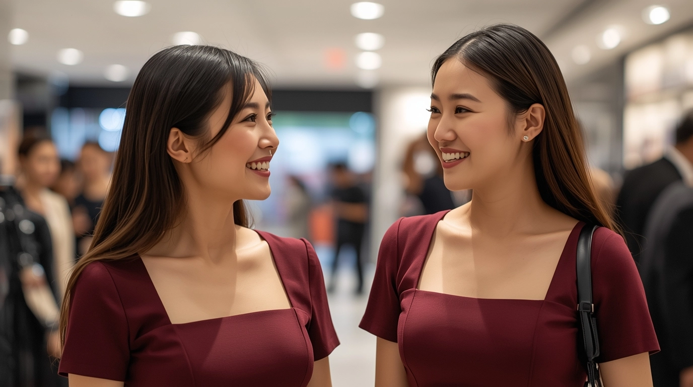 兩位女性員工（一位臉型較圓潤）在聊天，穿著酒紅色方領洋裝，明顯露出鎖骨。畫面強調頸部線條的延伸感與顯瘦效果，表情輕鬆愉快。	方領制服修飾圓臉與露出鎖骨的顯瘦效果