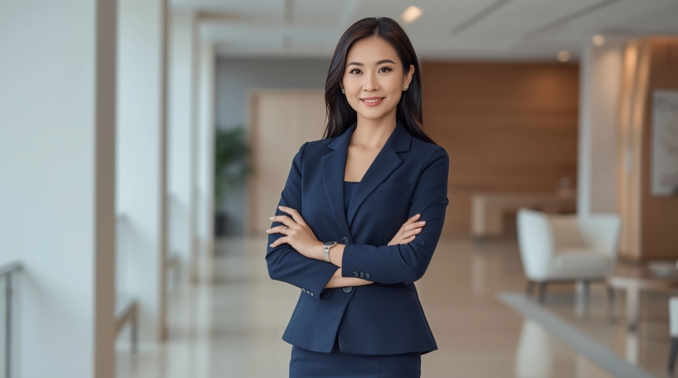 台灣職場女性穿著源洋制服設計的海軍藍辦公室制服,在現代明亮的辦公室中展現自信與專業形象。