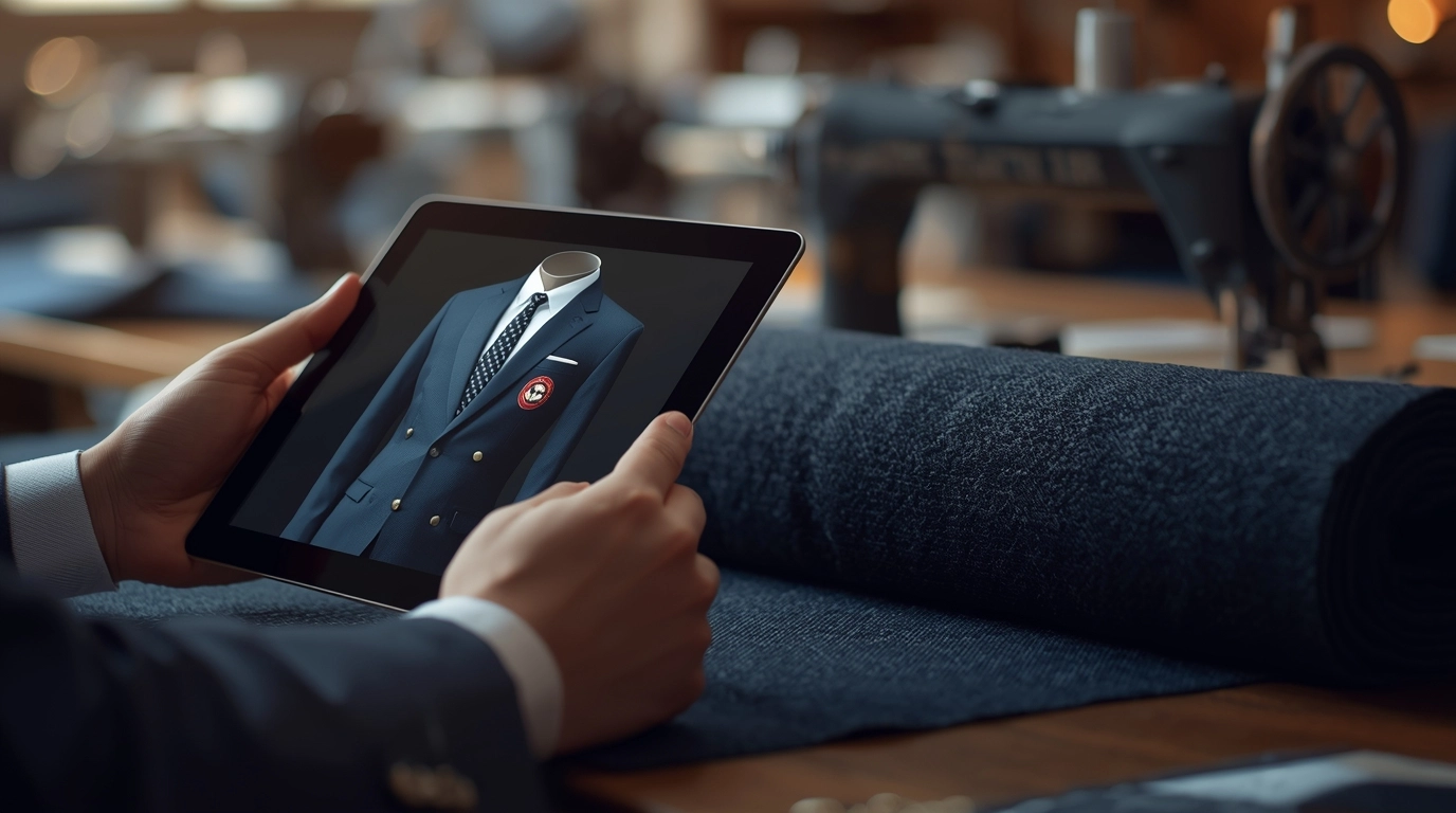 特寫鏡頭:一隻手拿著平板顯示 3D 制服圖,另一隻手正在觸摸真實的布料質感。背景是裁縫工作室。強調「虛實整合」。 手持平板對比真實布料質感
