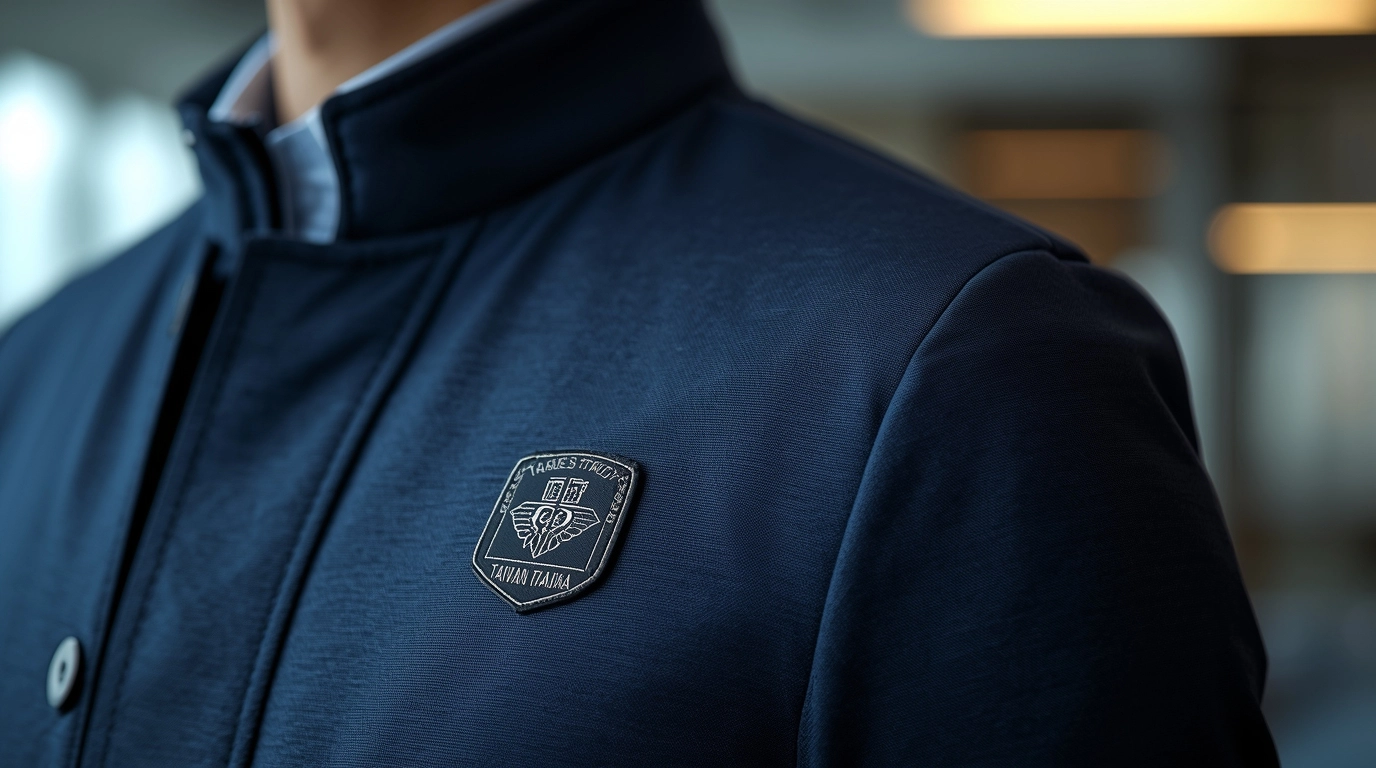 一位台灣男性業務員在辦公室內,穿著深藍色制服外套,左胸口有精緻的刺繡 Logo,光線下呈現立體光澤,表情自信專業。 台灣業務穿著刺繡Logo制服外套展現專業形象
