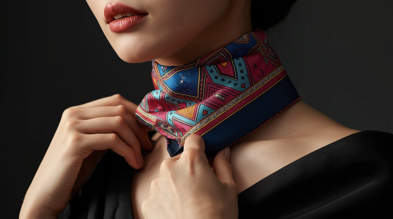 女性正在系上色彩鮮豔絲巾的特寫鏡頭