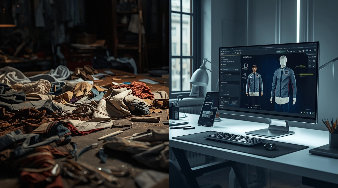 一邊是堆滿廢棄布料和紙樣的混亂裁縫桌，另一邊是整潔的電腦螢幕顯示著多款制服配色的即時模擬畫面。	傳統制服打樣與數位AI試穿的效率對比
