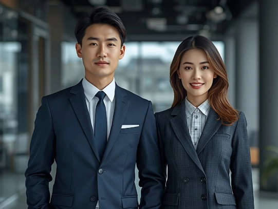 穿著剪裁制服於辦公室，展現專業與舒適氛圍