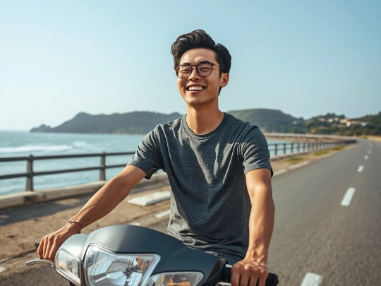 穿著棉感排汗紗紀念服騎機車畢旅的大學生