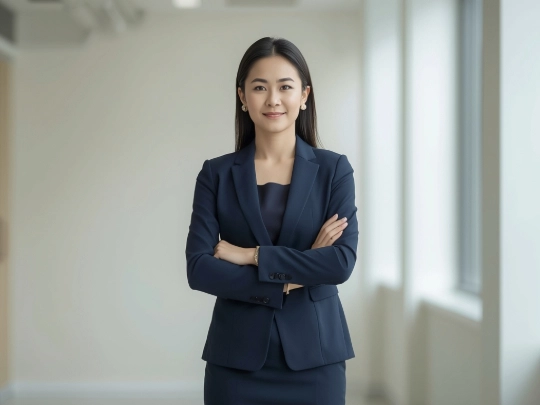 台灣女性穿著海軍藍辦公室制服，站在明亮現代的辦公環境中，展現專業與自信的形象。