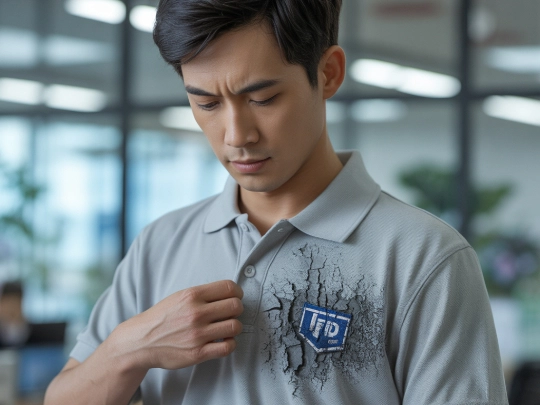 廉價膠印制服洗滌後容易龜裂掉漆，嚴重影響企業品牌形象