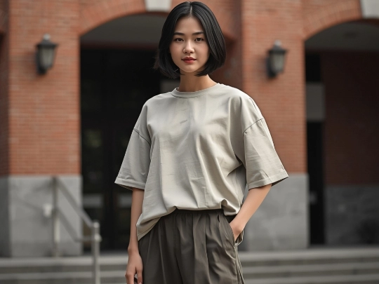 穿著落肩Oversize潮流系服的女大生