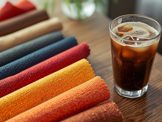 辦公桌上的機能布料色卡與冰咖啡