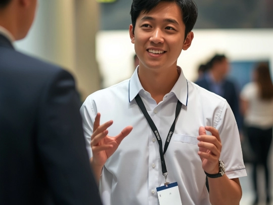 穿著高質感企業制服在大型展覽會場展現專業形象