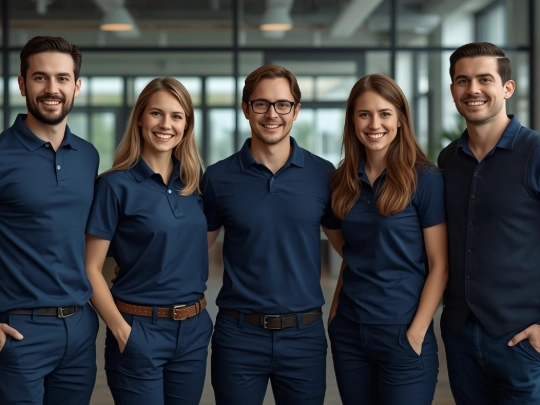 小型新創團隊穿著同色系不同款制服合照