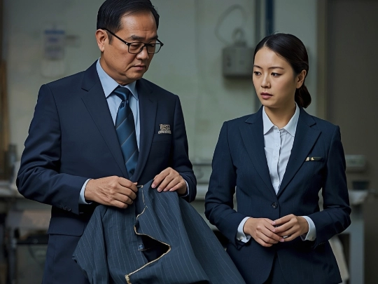 採購人員與廠長檢視因劣質拉鍊導致的維修拆線成本，凸顯初期五金把關的重要性