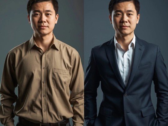 廉價公版制服與客製化修身制服的專業度對比，展現服裝對自信的影響