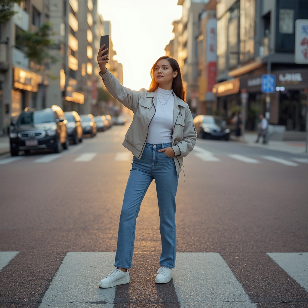 員工穿著制服在城市街頭自拍打卡