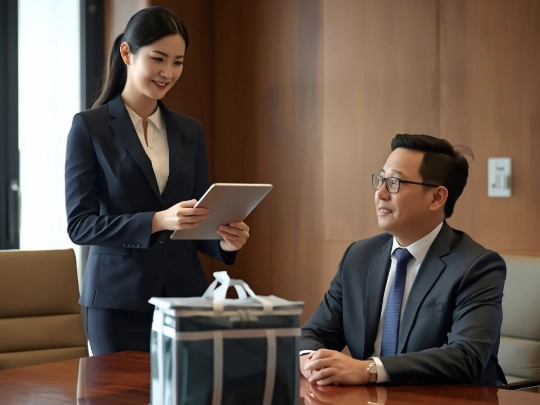 採購人員向主管簡報一人一袋配發服務如何大幅節省企業隱形成本